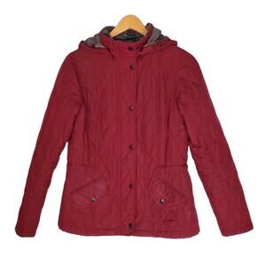 Barbour Millfire Diamond Quilted Hooded Jacket Burgundy Red Winter Tartan Size 6
